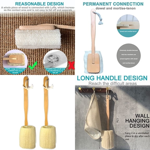 2 Pack Natural Exfoliating Loofah luffa loofa Bath Brush On a Stick - with Long Wooden Handle Back Brush for Men & Women - Shower Sponge Body Back Scrubber
