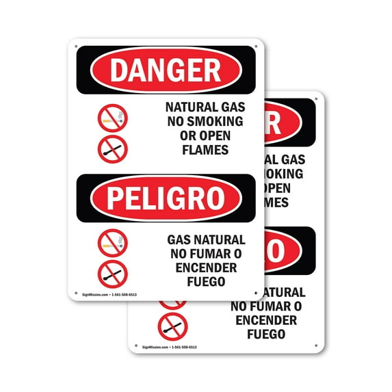 (2 Pack) Natural Gas No Smoking Bilingual OSHA Danger Sign 18 Inch X 24 Inch Indoor / Outdoor Rust-Free Aluminum Metal Signs for Workplace, Workshop, and Construction Site, Made in the