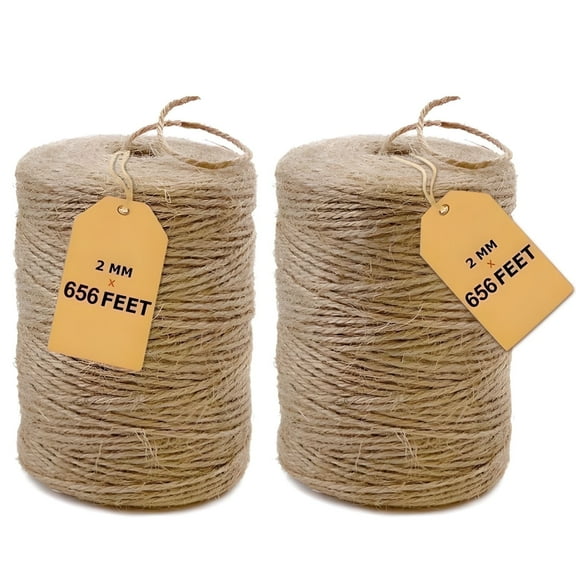 2 Pack Natural Jute Twine 656 Feet Long Twine String for Crafts Gift Wrapping Packing Gardening Crochet Knitting Macrame Decor (Brown 2mm * 656feet)