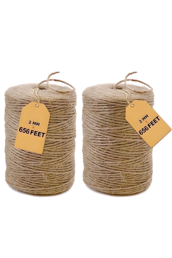 2 Pack Natural Jute Twine 656 Feet Long Twine String for Crafts Gift Wrapping Packing Gardening Crochet Knitting Macrame Decor (Brown 2mm * 656feet)