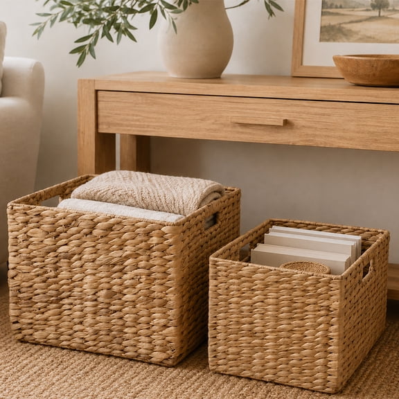 2 Pack Natural Water Hyacinth Storage Baskets, Hand Woven Wicker Organizer Bins with Cutout Handles, Large 14.3"x13"x11" & Small 11"x10"x12" Farmhouse Cube Storage Baskets
