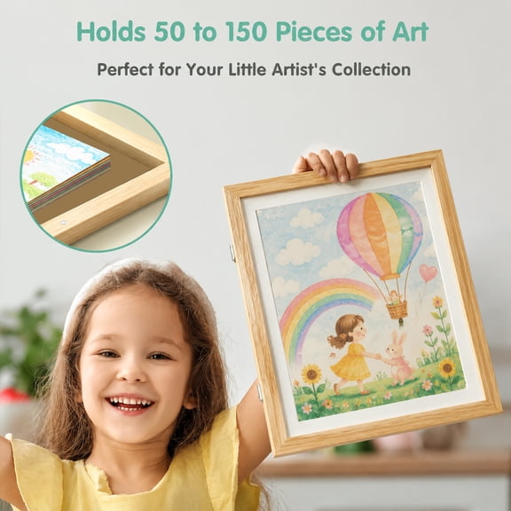 2 Pack Natural Wood Kids Artwork Display Frames, A4 Front Opening Art Frames with Acrylic Front, Holds Up to 150 Drawings, Changeable Display Frame for Children's Artwork