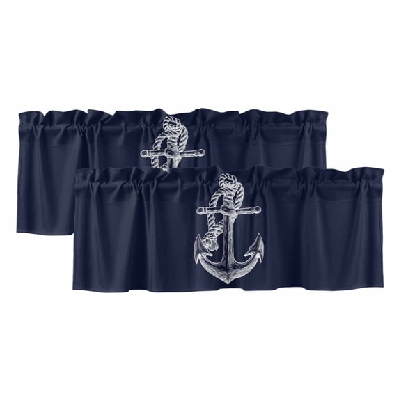 2 Pack Nautical Anchor Valance for Window Knot Coastal Dark Blue Kitchen Valance Rod Pocket Short Curtain Topper Decorative Window Treatment for Living Room Bedroom 42"x18"