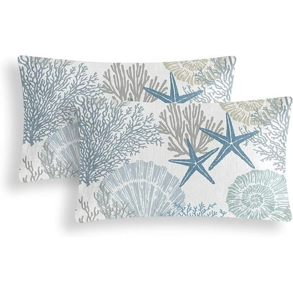 2-Pack, Nautical Coastal Throw Pillow Covers 12x20 Set of 2 Beach Themed Ocean Seashell Coral Starfish Velvet Couch Decorative Pillow Cases Outdoor Sofa Cushion Cover for Bedroom Living Room, Blue