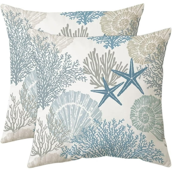 2-Pack, Nautical Coastal Throw Pillow Covers 16x16 Set of 2 Beach Themed Ocean Seashell Coral Starfish Velvet Couch Decorative Pillow Cases Outdoor Sofa Cushion Cover for Bedroom Living Room, Blue