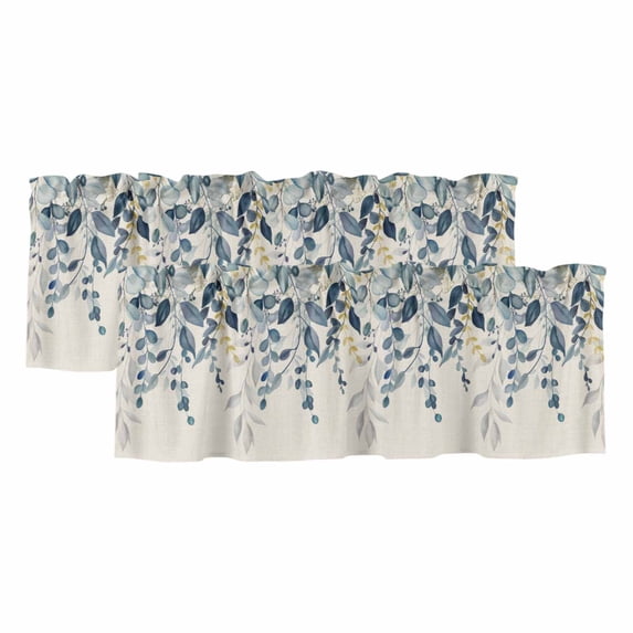 2 Pack Navy Blue Eucalyptus Valances for Windows Bedroom Living Room Window Treatments, Farmhouse Weeping Leaves Linen Rod Pocket Valance Drapes Short Kitchen Curtains Over Sink 60"x18"