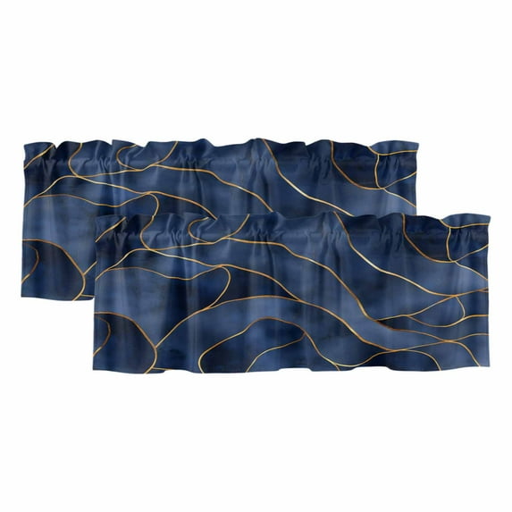 2 Pack Navy Blue Marble Valance for Window Modern Abstract Gold Geometric Kitchen Valance Rod Pocket Short Curtain Topper Decorative Window Treatment for Living Room Bedroom 42"x18"