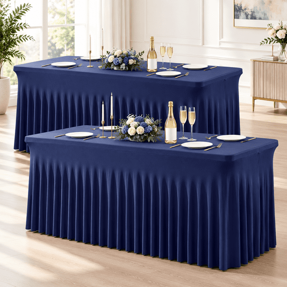 Layout Of Ruffle 2 Pack Navy Blue Spandex Table Clothes For 4 Foot Rectangle Tables 4ft ...