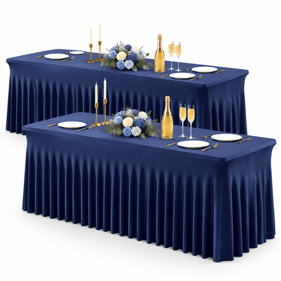 Layout Of Ruffle 2 Pack Navy Blue Stretch Spandex Table Clothes For 6 Foot Rectangle ...