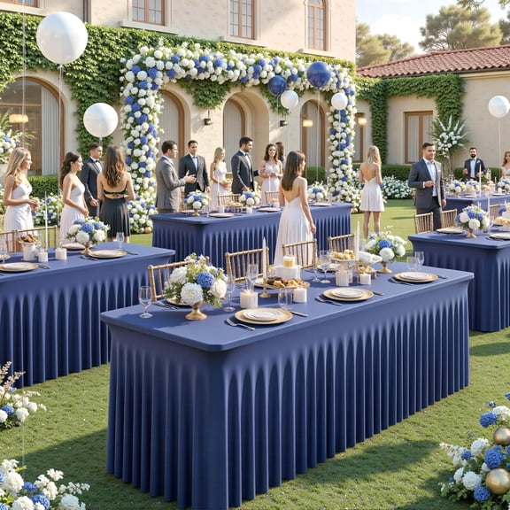 2 Pack Navy Blue Table Cloth for 8 Foot Rectangle Tables Spandex Fitted Tablecloth