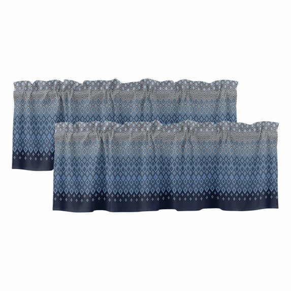 2 Pack Navy Blue Valance for Window Gradient Diamond Plaid Kitchen Valance Rod Pocket Short Curtain Topper Decorative Window Treatment for Living Room Bedroom 42"x12"