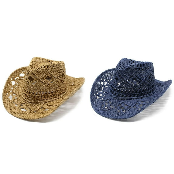 2 Pack(Navy & Khaki) Women Men Summer Western Cowboy Birthday Cowboy Hat Shapeable Straw Cowboy Hat 7 1/8 Hat Hollowed Out Sun Vintage Raffia Hat Hat Stretcher