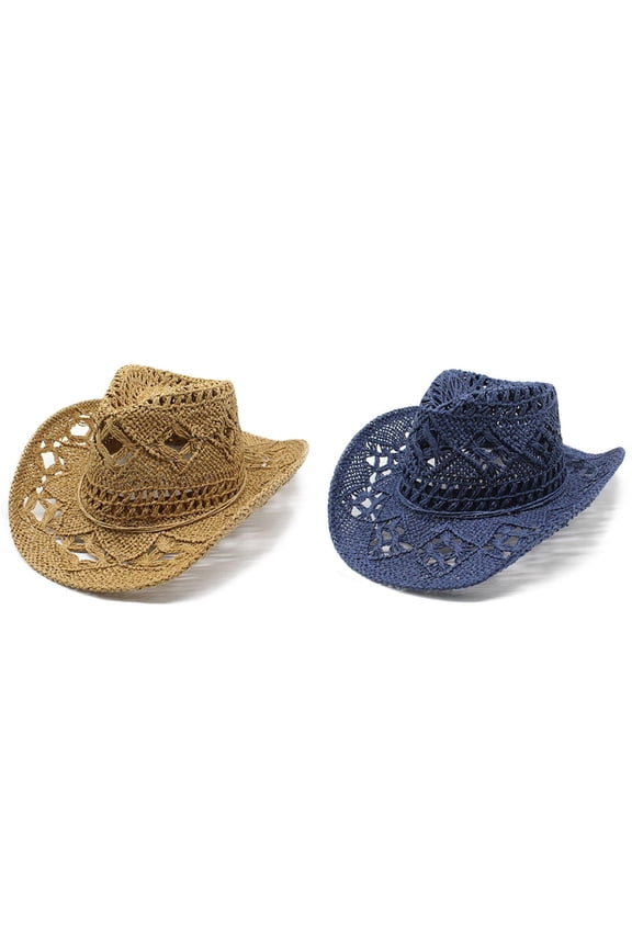 2 Pack(Navy & Khaki) Women Men Summer Western Cowboy Birthday Cowboy Hat Shapeable Straw Cowboy Hat 7 1/8 Hat Hollowed Out Sun Vintage Raffia Hat Hat Stretcher