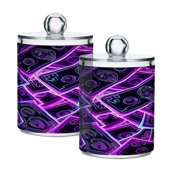 2 Pack Neon Dollar Bills Qtip Holder Dispenser Clear Plastic Storage Apothecary Jars for Cotton Swabs Balls Pads Floss