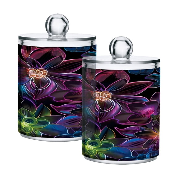 2 Pack Neon Flowers Qtip Holder Dispenser Clear Plastic Storage Apothecary Jars for Cotton Swabs Balls Pads Floss