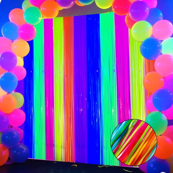 2 Pack Neon Rainbow Foil Fringe Curtain, Fluorescent Tinsel Streamer Backdrop for Birthday Party, Neon Glow Theme Photo Booth Decorations