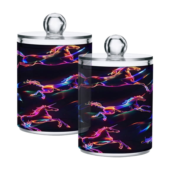 2 Pack Neon Running Horses Qtip Holder Dispenser Clear Plastic Storage Apothecary Jars for Cotton Swabs Balls Pads Floss