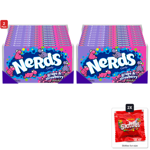 2 Pack | Nerds Candy, Grape and Strawberry Flavor, Movie Theater Candy Boxes, 12 Boxes x 5 oz Each, with 2 Skittles Fun Size