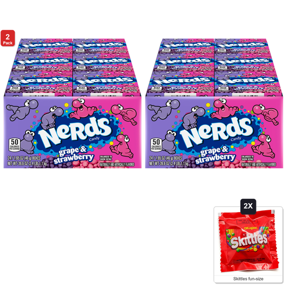 2 Pack | Nerds Candy, Grape and Strawberry, Treat-Size Theater Candy Boxes, 24 Boxes x 1.65 oz Each, with 2 Skittles Fun Size