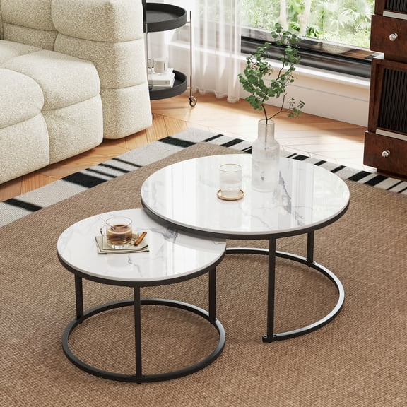 SSTBLEV Storage Sintered Stone and Wrought Iron Coffee Table with 2 Pack Nesting Tables, White