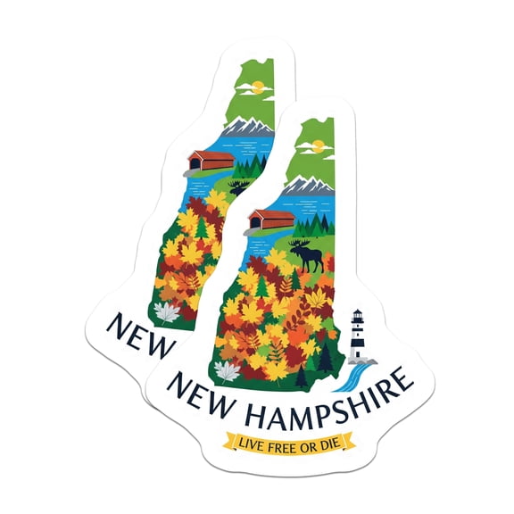 (2 Pack) New Hampshire Stickers - NH State - Moose Covered Bridge-Lighthouse Sticker - 5" On Longest Side - Sticks to Smooth Flat Surfaces - Made in USA - BMCS17686
