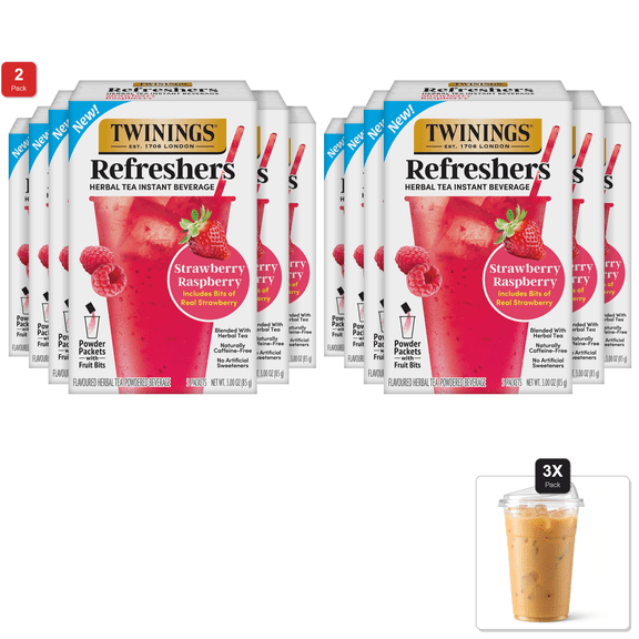 2 Pack | New Twinings Strawberry Raspberry Refreshers, Herbal Tea Instant Beverage, Real Strawberry Fruit Bits, 5 Count (Pack Of 6) & 3x 16oz Plastic Cup with Strawless Sip-Lid