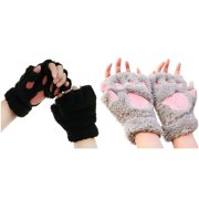 UPIOIWER 2-Pack,New Women's Cat's Claw Gloves Plush Gloves Mittens Cold Weather Half-Finger Bear's Paw Fingerless Gloves Mittens Gloves Cute Thick Halter Gloves Cartoon Warm Gloves Grey & Black