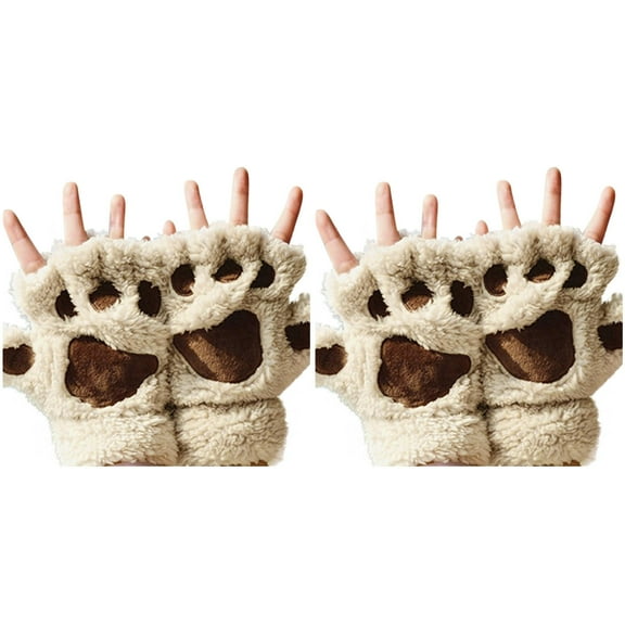 2-Pack,New Women's Cat's Claw Gloves Plush Gloves Mittens Half-Finger Bear's Paw Fingerless Gloves Mittens Convertible Gloves Cute Thick Halter Gloves Cartoon Mittens Warm Gloves Beige