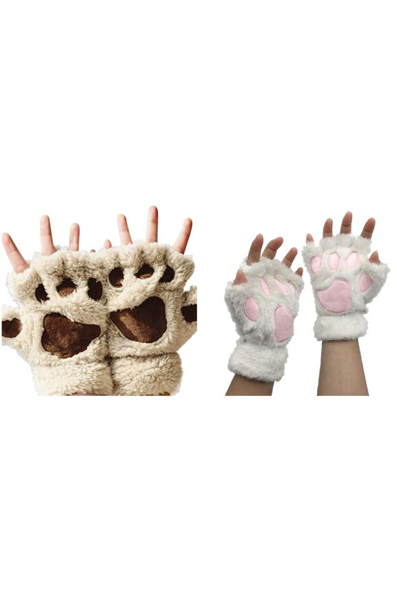 2-Pack,New Women's Cat's Claw Gloves Plush Gloves Mittens Toddler Half-Finger Bear's Paw Fingerless Gloves Mittens Cold Weather Gloves Cute Thick Halter Gloves Cartoon Warm Gloves