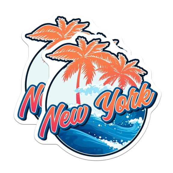 (2 Pack) New York Stickers - Tropical Palm Tree - Ocean Waves Souvenir - 5" On Longest Side - Sticks to Smooth Flat Surfaces - Made in USA - BMCS17856