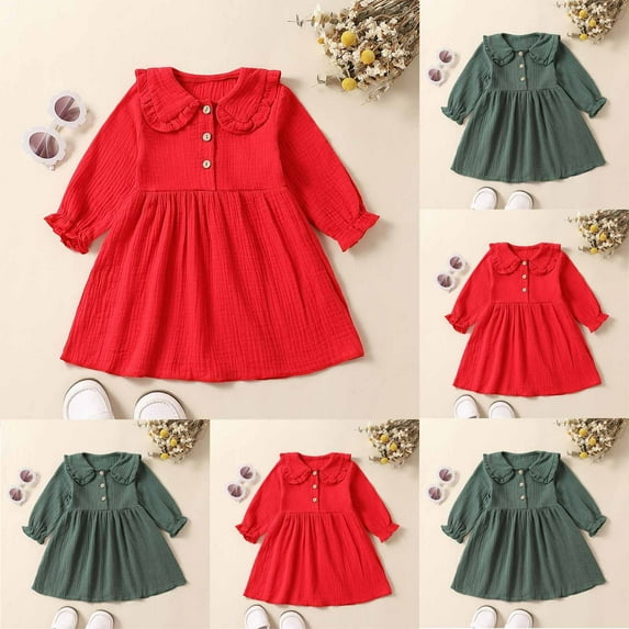 2 Pack Newborn Girls Long Sleeve Dresses Fall Size 0-3 Toddlers Kids Cute Ruffle Doll-Collar Solid Color Soft Casual A-Line Dress