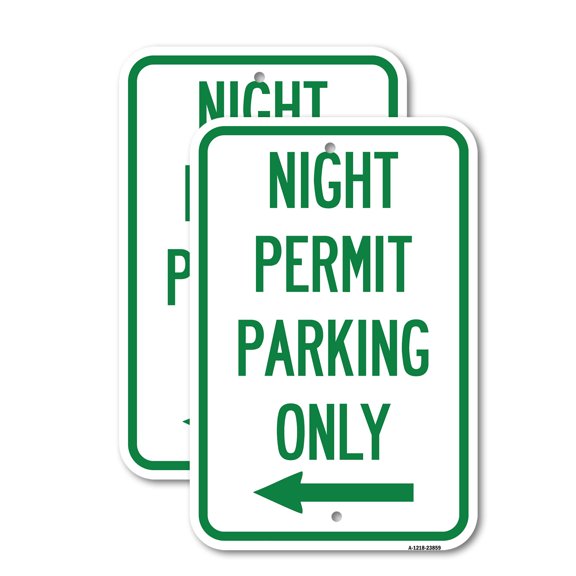 (2 Pack) Night Permit Parking Only (With Left Arrow) | 12" X 18" Heavy-Gauge Aluminum Sign | Rust Free Aluminum, Weather Resistant, Waterproof, Fade Resistant, 2 Pre-drilled Holes