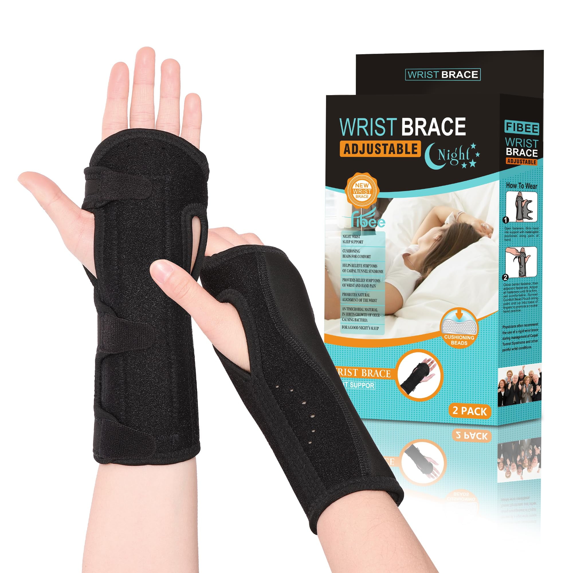 2 Pack Night Wrist Sleep Support Brace,Carpal Tunnel Wrist Brace Night Support,Adjustable