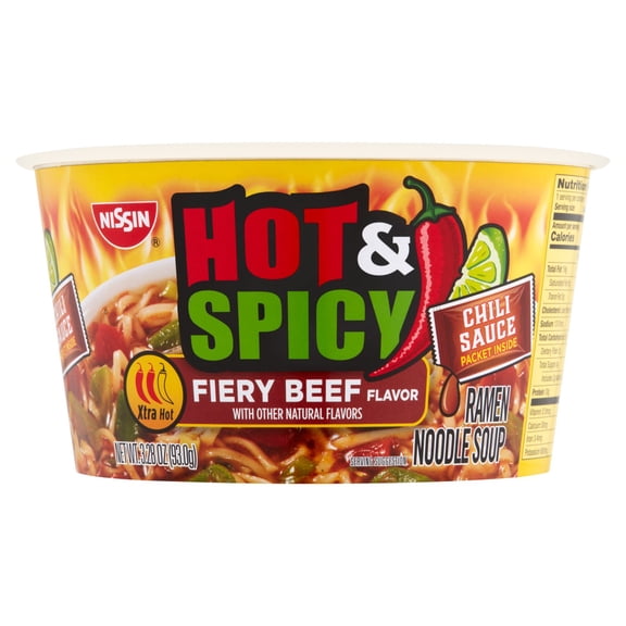 2 Pack - Nissin Bowl Noodles Hot & Spicy Fiery Beef 3.28 oz Package May Vary