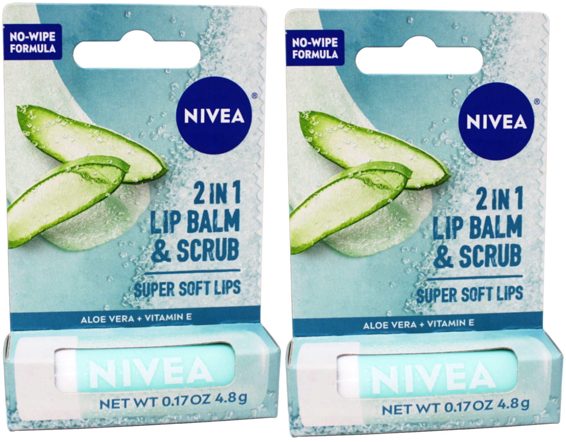 2 Pack - Nivea 2in1 Lip Balm & Scrub Super Soft Lips, Aloe Vera + Vitamin E, 0.17 oz (4.8 g)