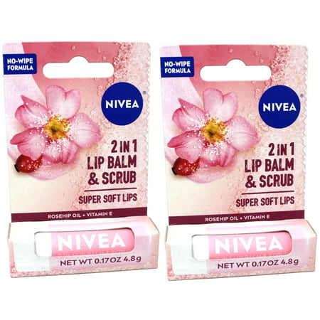 2 Pack - Nivea 2in1 Lip Balm & Scrub Super Soft Lips, Rosehip Oil + Vitamin E, 0.17 oz (4.8 g)