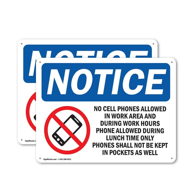 2 Pack) No Cell Phones Allowed In Work OSHA Notice Sign 24 Inch X 