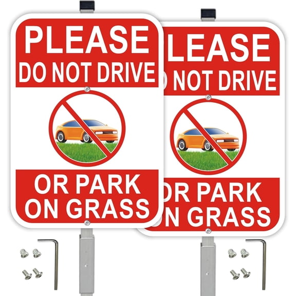 2-Pack No Parking on Grass Sign with 36" Metal Stakes, 10x14 No Drive on Grass Rust-free Aluminum Yard Sign, Red/White