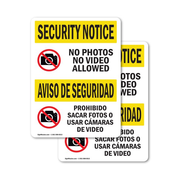 (2 Pack) No Photos Or Video Bilingual OSHA Security Notice Sign