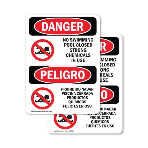 (2 Pack) No Swimming Pool Closed Chemicals Bilingual OSHA Danger Sign