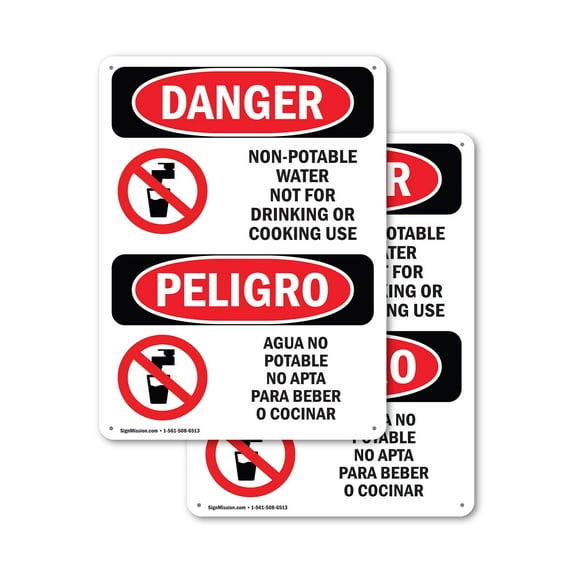 (2 Pack) Non-Potable Water No Drinking Bilingual OSHA Danger Sign 10 Inch X 14 Inch Indoor / Outdoor Rust-Free Aluminum Metal Signs for Workplace, Workshop, and Construction Site, Made