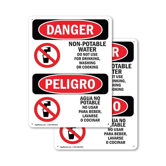 (2 Pack) Non-Potable Water No Drinking Bilingual OSHA Danger Sign 7 Inch X 10 Inch Plastic Sign, Weather Resistant, UV Protected for Workplace, Business, and Construction Site, Made in