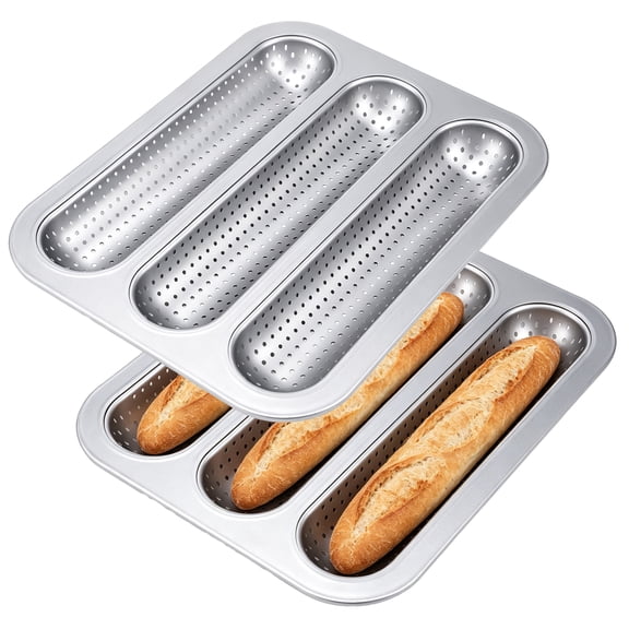 2 Pack Non-Stick Perforated Baguette Baking Pan, 3-Cavity French Bread Tray, 32x25.5cm Gray Bakeware for Home Kitchen