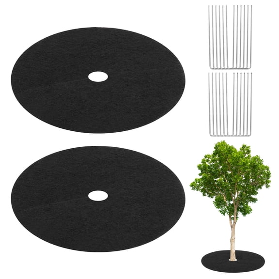 2-Pack Non-Woven Tree Mulch Ring, 24.4 Inch Tree Protector Mat W 12 Pcs Stakes for Plant Root Protection [Black]