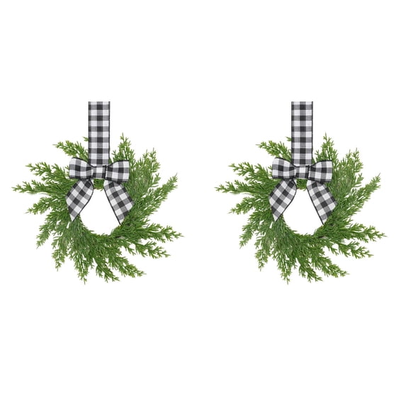 2 Pack Norfolk Pine Christmas Mini Wreaths, Black White Buffalo Plaid Bow Ribbon Farmhouse Greenery Decor for Cabinet Door Window Home Holiday, 10.6in
