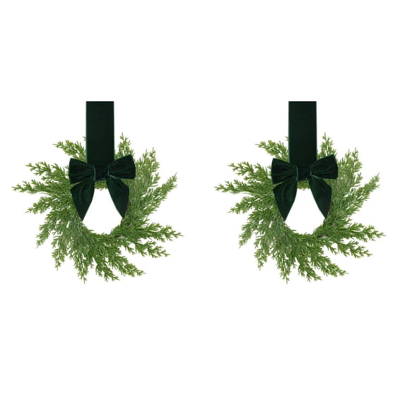 2 Pack Norfolk Pine Christmas Mini Wreaths, Festive Greenery Wreath with Green Bow Ribbon, Farmhouse Hanging Decor for Cabinet, Door, Window & Xmas Home Decoration, 10.6in