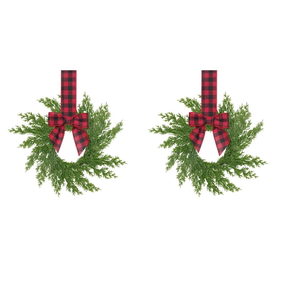 2 Pack Norfolk Pine Christmas Mini Wreaths, Red and Black checkered Bow Ribbon Farmhouse Greenery Decor, Hanging Ornament for Cabinet Door Window Xmas Home Use, 10.6in
