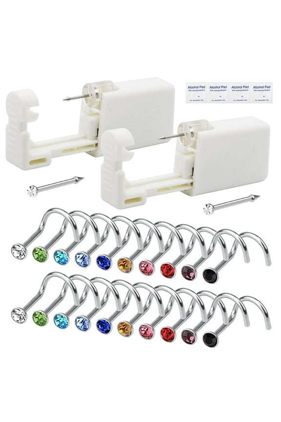 2 Pack Nose Piercing Kit, Disposable Safety Nose Piercing Gun Kit with 20pcs Nose Stud Ring Nose Piercing Gun Tool for Piercing Supplies