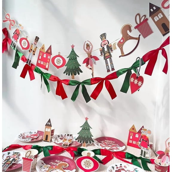 2 Pack Nutcracker Ballet Christmas Banners 6 Ft Red and Green Satin Bow Garland 8 Ft DIY Paper Garland