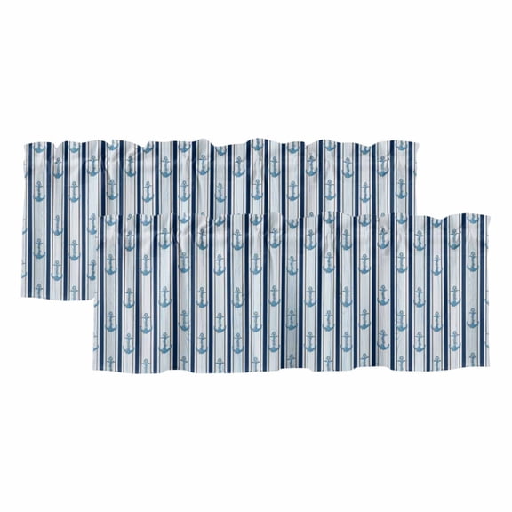 2 Pack Ocean Anchor Valance for Window Blue Striped White Stripes Kitchen Valance Rod Pocket Short Curtain Topper Decorative Window Treatment for Living Room Bedroom 42"x12"